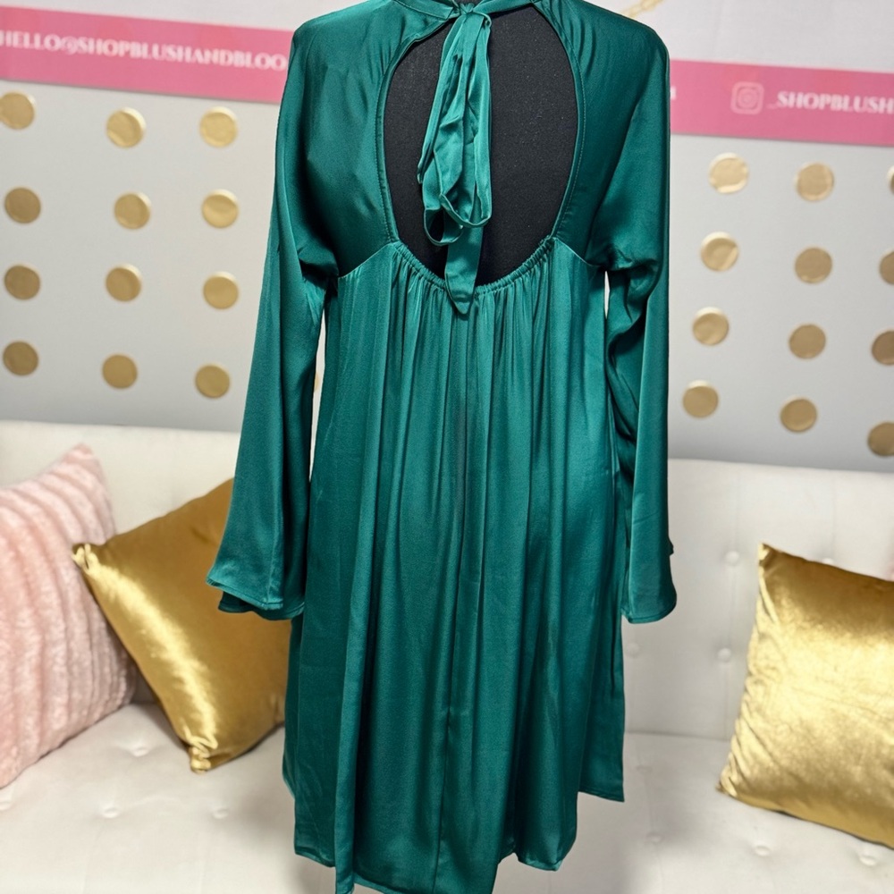 Emerald Green Flowy Swing Dress | Bell Sleeve Mock Neck Holiday Dress | Medium - Picture 5 of 7